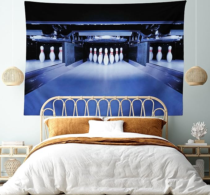 Ambesonne Bowling Party Tapestry Twin Size, Symmetrical Bowling Pins on an Empty Alley Hobby Fun Challenge Theme, Wall Hanging Bedspread Bed Cover Wall Decor, 68" X 88", Blue White Red