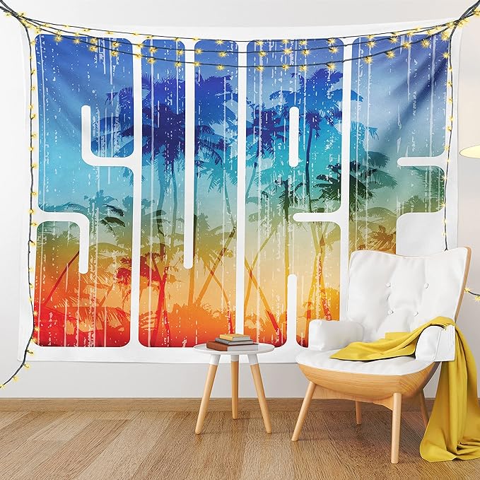 Ambesonne Surf Tapestry Queen Size, Summer Theme Retro Letters That Reflect the Seacoast Palm Tree Extreme Sports Art, Wall Hanging Bedspread Bed Cover Wall Decor, 88" X 88", Navy Orange