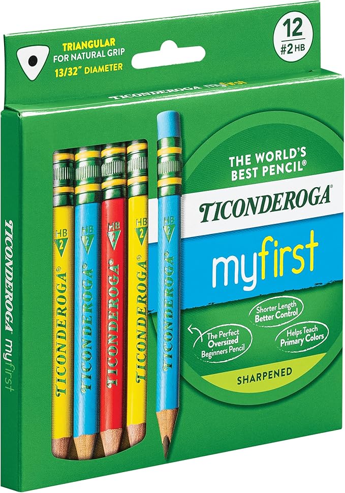 Ticonderoga My First Short Triangular Wood-Cased Pencils, #2 HB Soft, With Erasers, Primary Colors, 12 Count