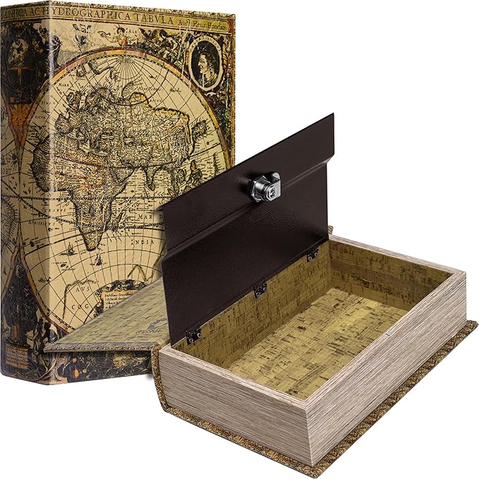 Barska Antique Map Book Safe with Key Lock – Hidden Diversion Lock Box with Magnetic Closure – Concealed Steel Compartment for Cash, Jewelry, and Valuables – Home or Office Security