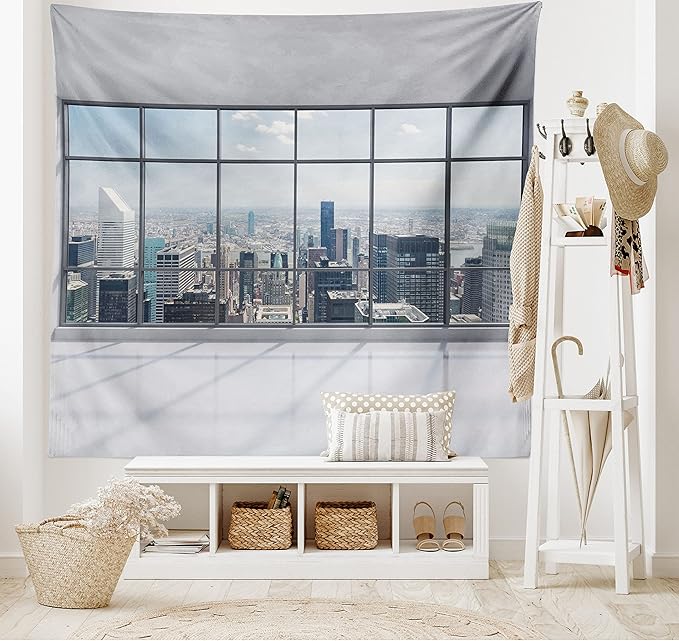 Ambesonne City Tapestry Queen Size, Clean Office with Big Window Downtown Skyscraper Buildings Domestic Cityscape Art, Wall Hanging Bedspread Bed Cover Wall Decor, 88" X 88", Grey White