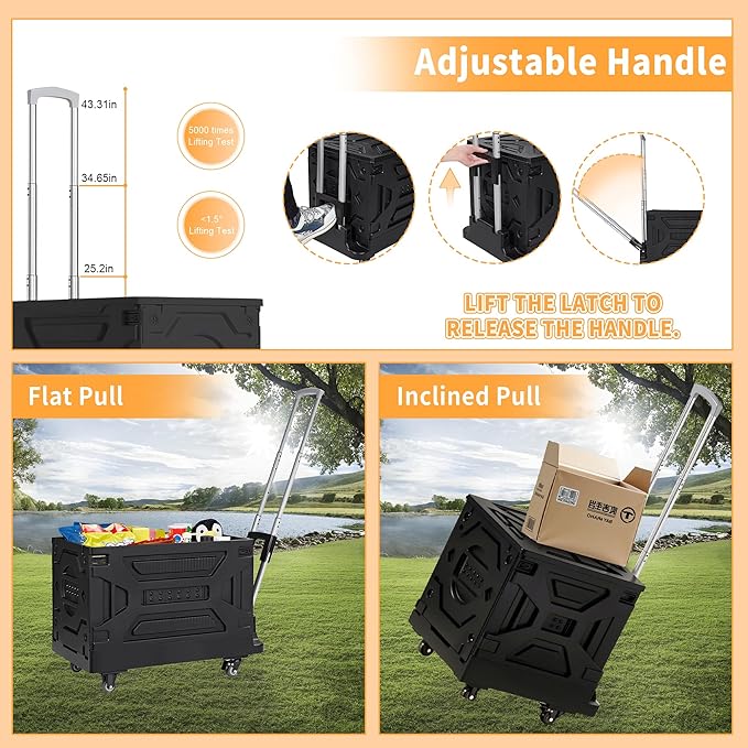 VECELO 23 GAL Large Capacity Foldable Utility Cart with Wheels - Heavy Duty Collapsible Rolling Cart for Shopping, Travel, Office & Home - Portable Luggage Cart with Telescoping Handle, Black