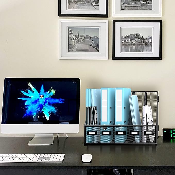 SUPEASY Desk Organizers Metal Desk Magazine File Holder with 16''x12''x12'' 5 Vertical Compartments Rack File Organizer for Office Desktop, Home Workspace, Black Plus