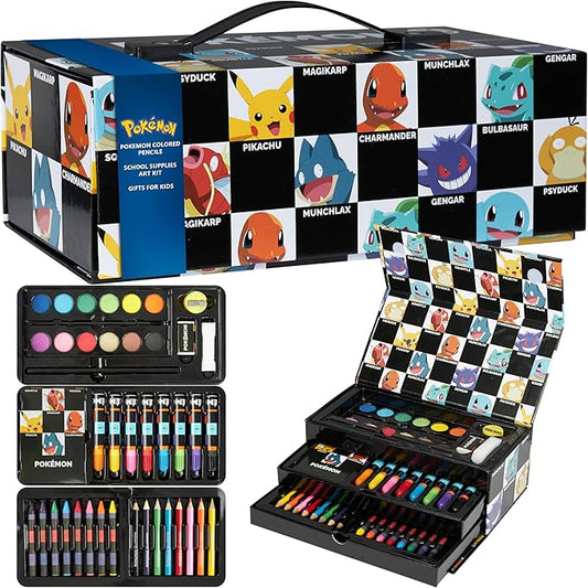 Pokemon Art Set for Boys Girls Drawing Painting Kit Markers Crayons Colored Pencils School Supplies Anime Gifts for Kids (Black)