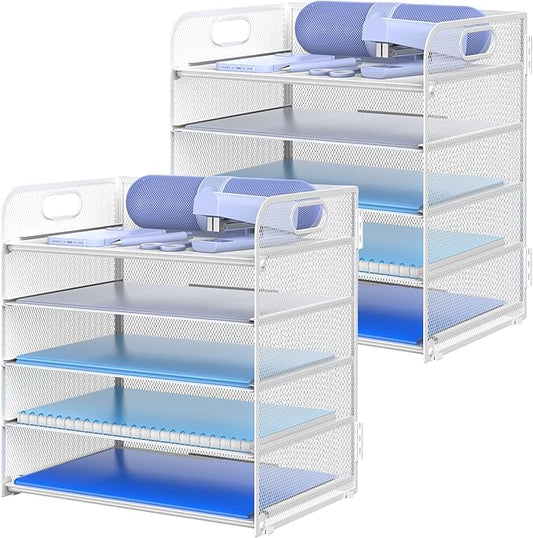 2 Pack Letter Tray Paper Organizer 5-Tier Desk Organizer File Organizer Paper Holder with Handle, Metal Desktop Document Shelf Tray Office Classroom Organization - White