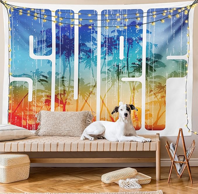 Ambesonne Surf Tapestry Queen Size, Summer Theme Retro Letters That Reflect the Seacoast Palm Tree Extreme Sports Art, Wall Hanging Bedspread Bed Cover Wall Decor, 88" X 88", Navy Orange
