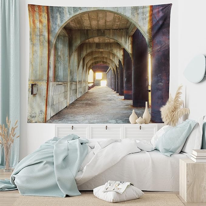 Ambesonne Urban Tapestry, Corridor of Concrete Pillars Structure Urban Industrial Rustic Style Art, Wall Hanging for Bedroom Living Room Dorm Decor, 40" X 60", Brown Purple