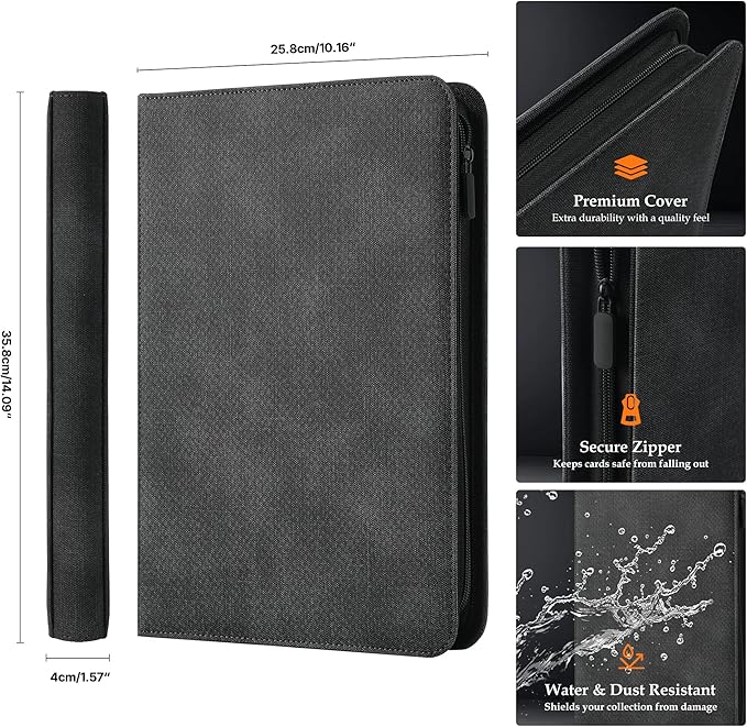 Card Binder 9 Pocket - Premium Card Collection Binder for 360 Cards, Durable Side-Loading Card Album with Zipper, Perfect for TCG, MTG, and Sports Cards, Black