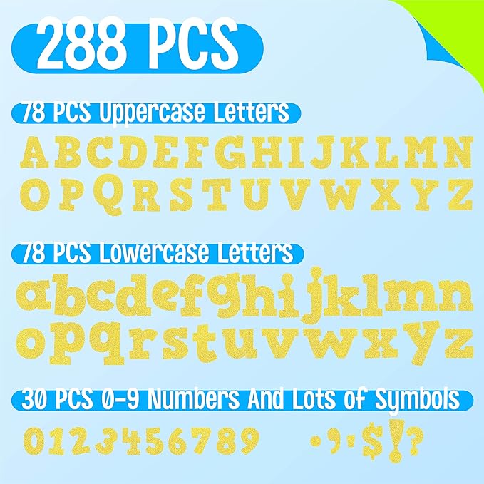 288 PCS Alphabet Combo Set, Gold Glitter Bulletin Board Letters 78pcs Uppercase Letters, 78pcs Lowercase Letters, 0-9 Numbers, Symbols & Punctuation, Chalkboard Classroom Letters for Home School Room