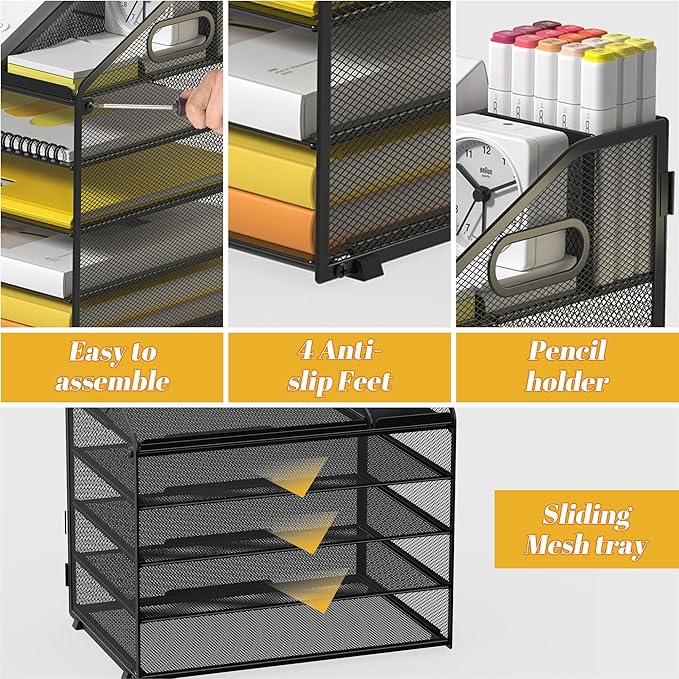 Letter Tray Paper, 5 Tier Desk Organizer with Pen Holder and Handle, Mesh File Organizer Paper Sorter Metal Desktop Document Shelf for Office Home Classroom - Black