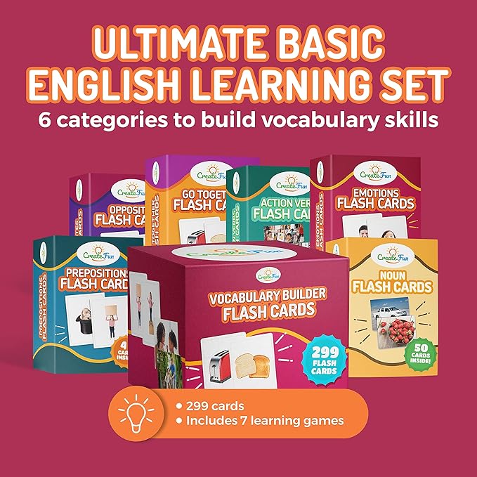299 Vocabulary Builder Flash Cards, Educational Photo Cards for Home, Speech Therapy Materials, ESL Teaching Materials Includes Emotions, Matching Go Togethers, Nouns, Opposites, Prepositions, Verbs