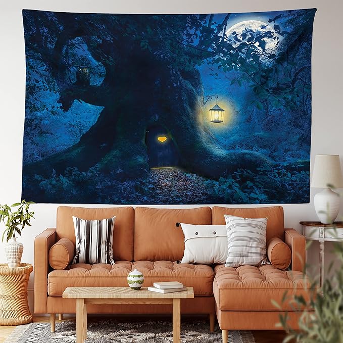 Ambesonne Fantasy Tapestry, Night with a Little Home in The Trunk of an Tree in The Woods Print, Fabric Wall Hanging Decor for Bedroom Living Room Dorm, 30" X 45", Navy Blue