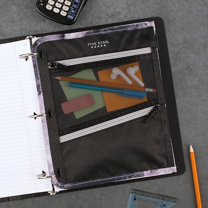 Five Star Pencil Pouch, Pen Case, 3-Pocket Zipper Pouch, Fits 3-Ring Binder, Storage Organizer for Classroom Supplies Earbuds Chargers Cables Makeup, Black/Grey (506420A-ECM)