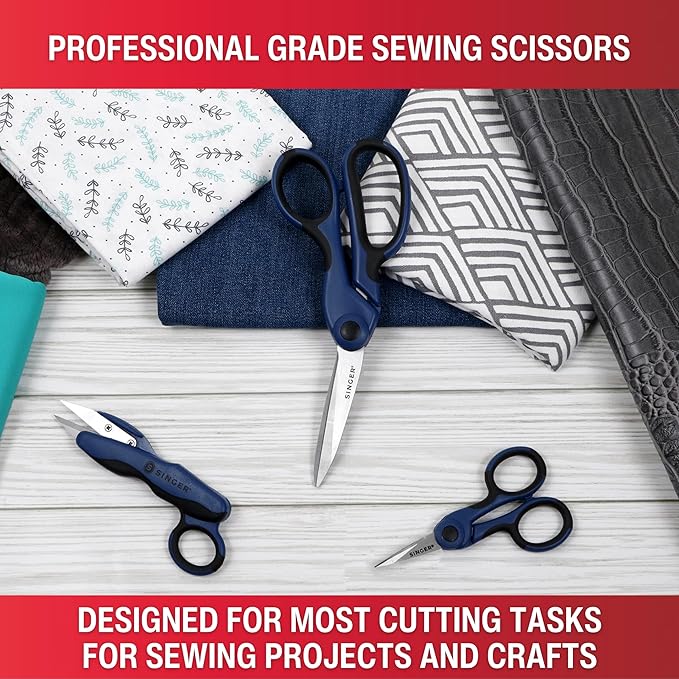 SINGER ProSeries Sewing Scissors Bundle: 8.5" Heavy Duty Fabric, 4.5" Detail Embroidery, 5" Thread Snips With Comfort Grip (Dark Blue)