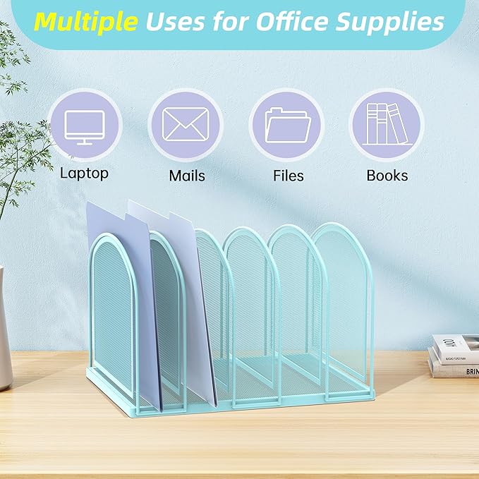 SUPEASY File Organizer 5-Section Mesh Desk Organizer, Upright File Organizer Desktop Organizer File Sorter, File Folder Holder for Office Supplies, Blue