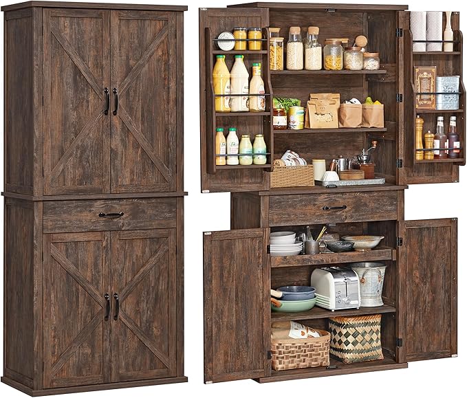 VASAGLE LIRY Collection - Pantry Cabinet, 70.3-Inch Tall Farmhouse Kitchen Storage Cabinet with Barn Doors, Drawer, Tray, Adjustable Shelves, for Kitchen, Dining Room, Hazelnut Brown UBBK364K01