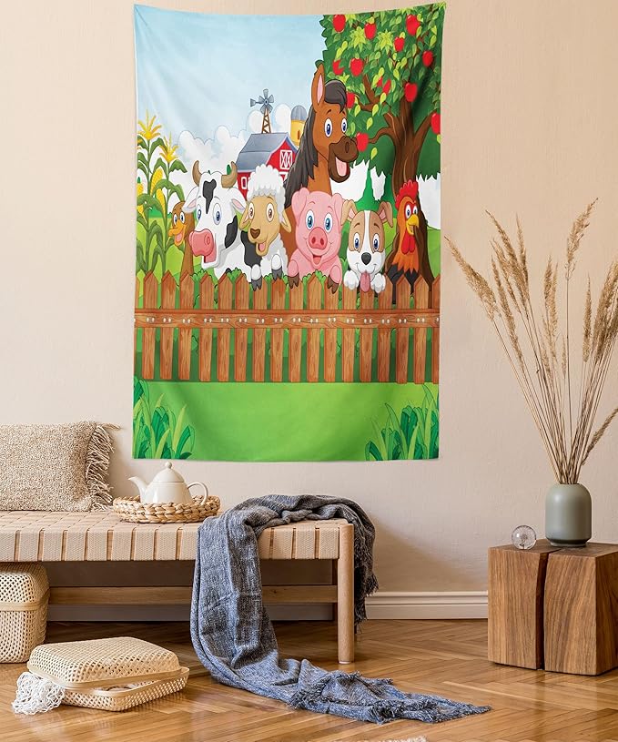 Ambesonne Cartoon Tapestry, Composition Farm Animals on Fence Comic Mascots Dog Cow Horse Design, Fabric Wall Hanging Decor for Bedroom Living Room Dorm, 30" X 45", Green Multicolor