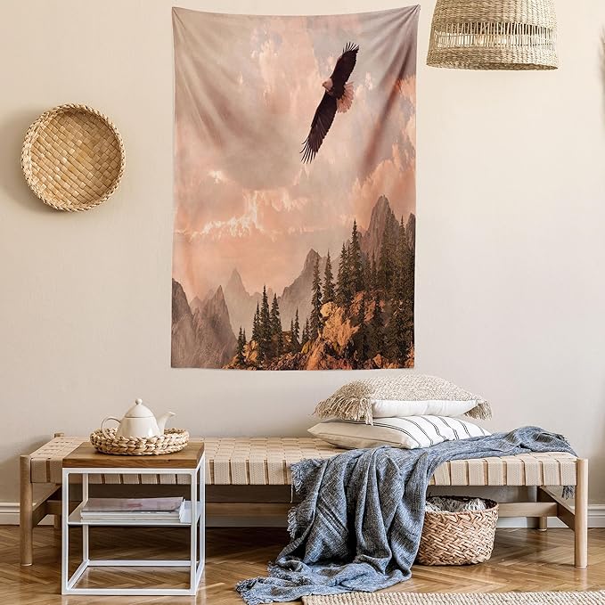 Ambesonne Eagle Tapestry, Nature Photography of Rocky Mountains and Forest a Bird Flying over It, Fabric Wall Hanging Decor for Bedroom Living Room Dorm, 30" X 45", Rose Green