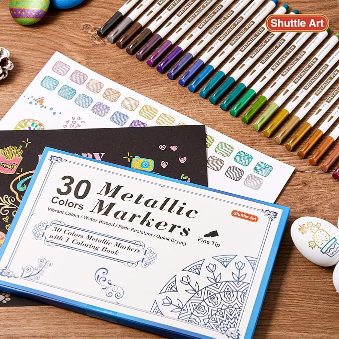 Shuttle Art Metallic Marker Pens, 30 Colors Metallic Paint Markers with 1 Coloring Book Fine Point for DIY Card, Calligraphy, Art and Crafting Projects, Works Great on Black Paper, Scrapbooks, Rock