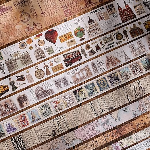 24 Rolls Vintage Washi Tape Set, Antique Car Buildings Map Stamp Stripe Writable Aesthetic Washy Decorative Tapes for Scrapbooking, Junk Journal Supplies, Bullet Journaling 5-75mm Wide (3m Long)/Roll