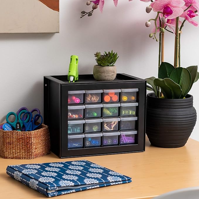 IRIS USA Small Plastic Drawer Organizer, 16-Drawer, Stackable Teacher Toolbox Crayon Small Parts Bead Building Bricks Screw Garage Desk Storage Cabinet, Drink and Water Flavor Packet Organizer, Black