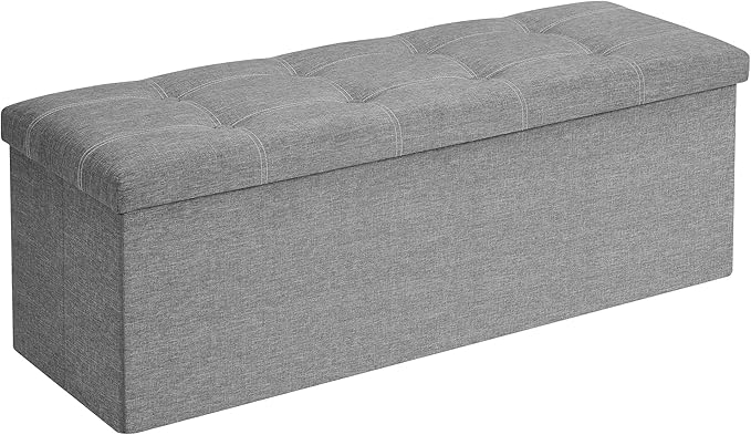 SONGMICS MAZIE Collection - 43 Inches Ottoman Storage Bench, 35 Gal. Folding Chest with Breathable Linen-Look Fabric, Load up to 660 lb, for Entryway, Living Room, Bedroom, Light Gray ULSF077G05