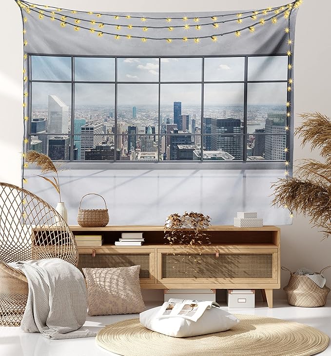 Ambesonne City Tapestry Twin Size, Clean Office with Big Window Downtown Skyscraper Buildings Domestic Cityscape Art, Wall Hanging Bedspread Bed Cover Wall Decor, 68" X 88", Grey White