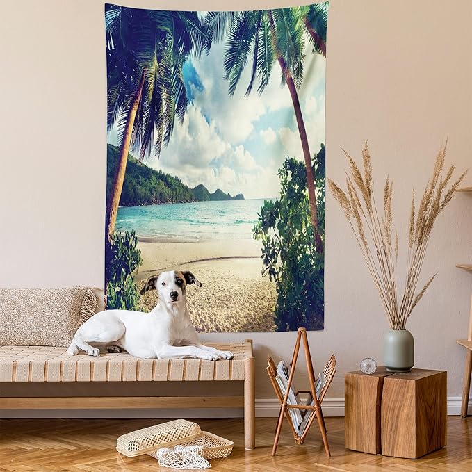 Ambesonne Palm Tree Tapestry Twin Size, Summer Beach Vintage Style Tropical Sunset Picture Print, Wall Hanging Bedspread Bed Cover Wall Decor, 68" X 88", Dark Green Sand Brown