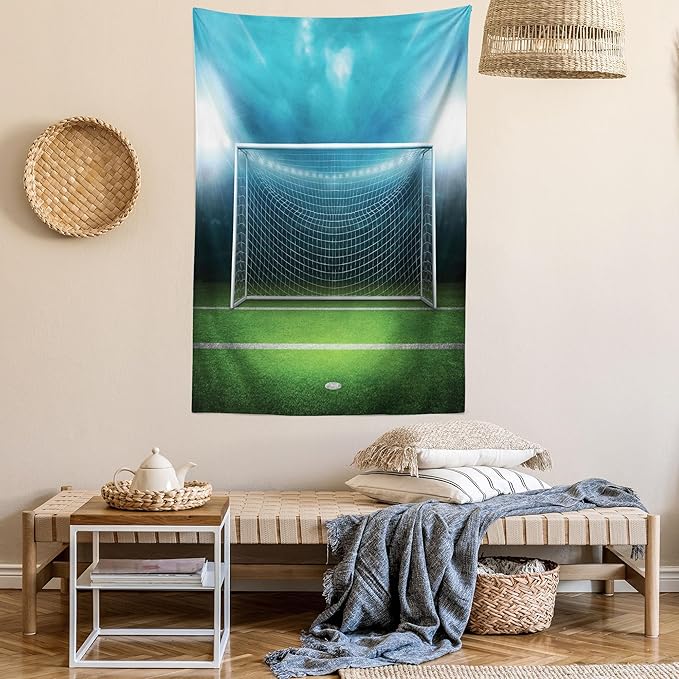 Ambesonne Soccer Tapestry, Soccer Goal Post Sports Area Winner Loser Line Floodlit Best Team Finals Game Theme, Fabric Wall Hanging Decor for Bedroom Living Room Dorm, 30" X 45", Green and Blue
