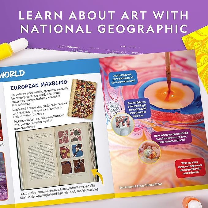 NATIONAL GEOGRAPHIC Marbling Paint Kit for Kids - Create 12 Sheets of Marble Art with Paints & Water, Painting Arts and Crafts Kit (Amazon Exclusive)