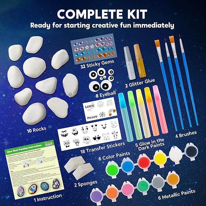 Rock Painting Kit- Glow in The Dark Rock Kit, Arts and Crafts for Kids Ages 6-12, Art Supplies Toy , Kids Craft Paint Kits, Arts & Crafts for Boys Girls Birthday Party Gift Toy