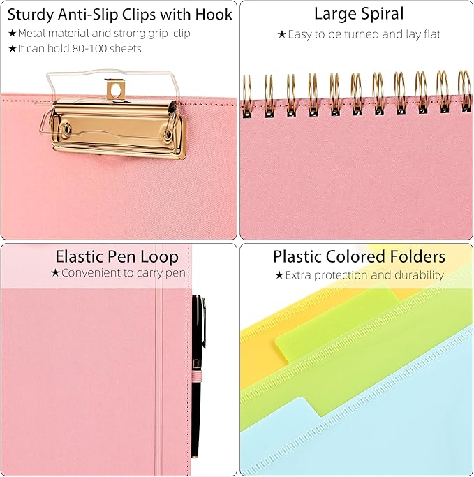 Ospelelf Pink Foldable Spiral Clipboard Folio with Storage Zipper Pouch, 5 Plastic Folders with 10 Pockets,Refillable Lined Notepad (11" x 8.5"), Hardcover Project Organizer with 39 Stickers