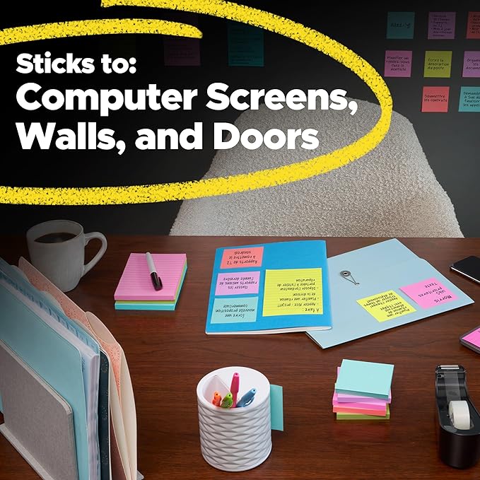 Post-it Super Sticky Lined Notes, 4 Sticky Note Pads, 4 x 4 in., Ideal for Organization in Your Dorm, Home or Office, Energy Boost Collection