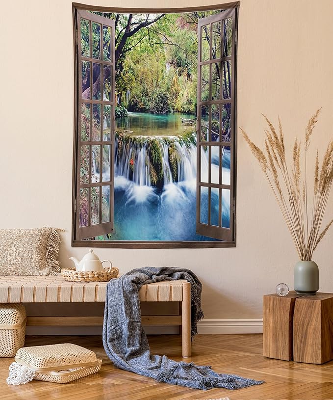 Ambesonne Waterfall Tapestry Queen Size, Wide Waterfall Deep down in the Forest Seen from a City Window Epic Surreal Print, Wall Hanging Bedspread Bed Cover Wall Decor, 88" X 88", Brown Black
