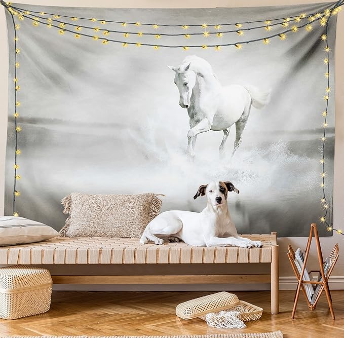 Ambesonne Horses Tapestry, Wild Horse Running Through Water Dramatic for the Motivation of Life Art, Fabric Wall Hanging Decor for Bedroom Living Room Dorm, 30" X 45", Black and White