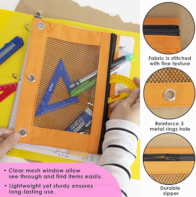 BAZIC Products Pencil Pouch 3 Ring Binder Pouch w/Rivet Enforced Rings Holes, Pastel Color Mesh Window Zipper Pouchesr, 6-Pack