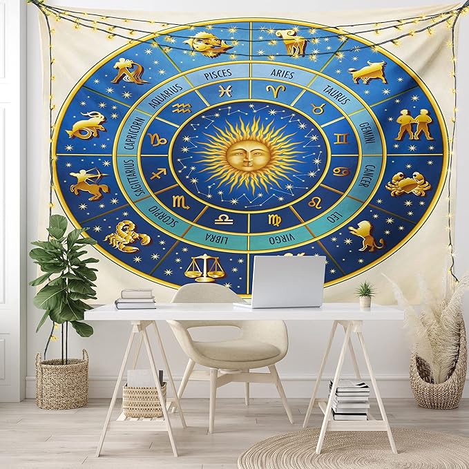 Ambesonne Astrology Tapestry Queen Size, Wheel of Astrological Signs Names Dates Moon Sun in Middle, Wall Hanging Bedspread Bed Cover Wall Decor, Queen Size, Blue Yellow and Cream