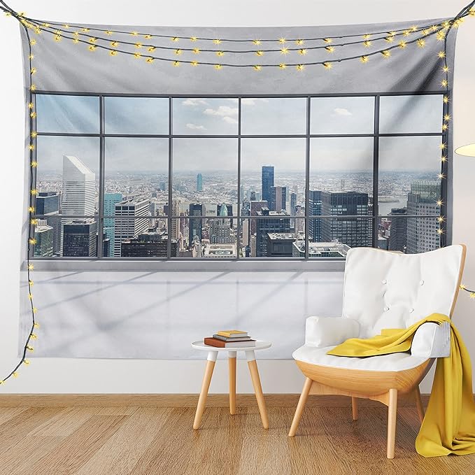 Ambesonne City Tapestry Queen Size, Clean Office with Big Window Downtown Skyscraper Buildings Domestic Cityscape Art, Wall Hanging Bedspread Bed Cover Wall Decor, 88" X 88", Grey White
