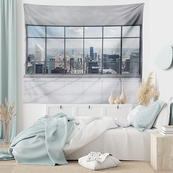Ambesonne City Tapestry Twin Size, Clean Office with Big Window Downtown Skyscraper Buildings Domestic Cityscape Art, Wall Hanging Bedspread Bed Cover Wall Decor, 68" X 88", Grey White