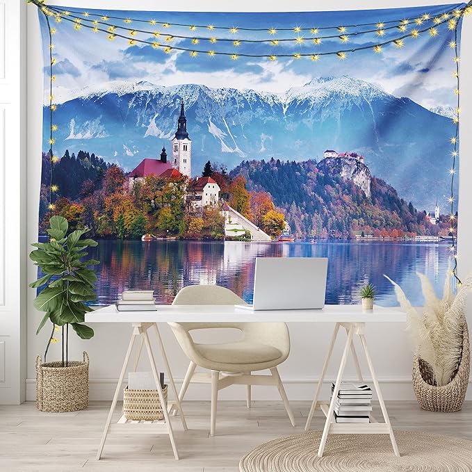 Ambesonne Landscape Tapestry, Photo of Bled in Slovenia with Lake Snowy Mountains and a Castle Pastoral Scenery, Fabric Wall Hanging Decor for Bedroom Living Room Dorm, 30" X 45", Blue Lavender