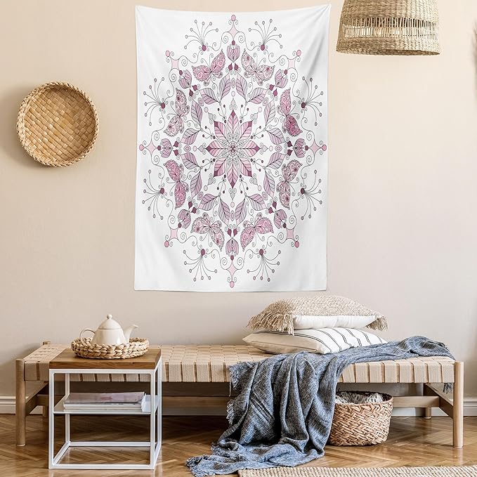 Ambesonne Mandala Tapestry, Lacy Inspired Pastel Floral Motif with Butterfly and Lotus Branches Design, Wall Hanging for Bedroom Living Room Dorm Decor, 40" X 60", White Pale Pink