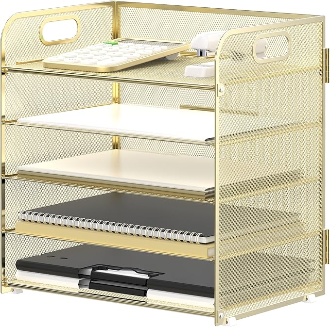 Supeasy 5 Trays Paper Organizer Letter Tray with Handle-Mesh Desk File Organizer, Paper Sorter Desk Organizer for Office, Home or School (Golden)