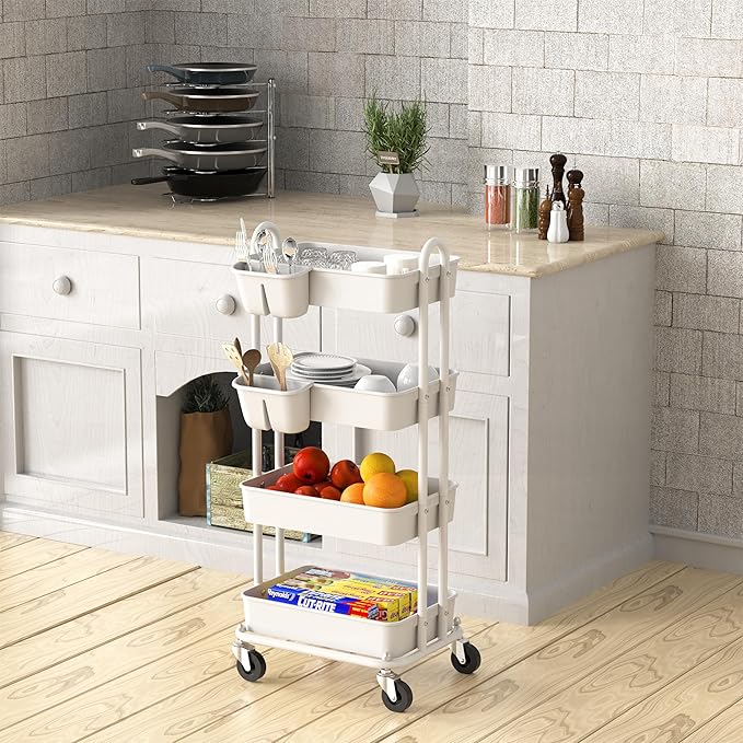 Simple Houseware 4-Tier Multifunctional Rolling Utility Cart with Hanging Buckets, White