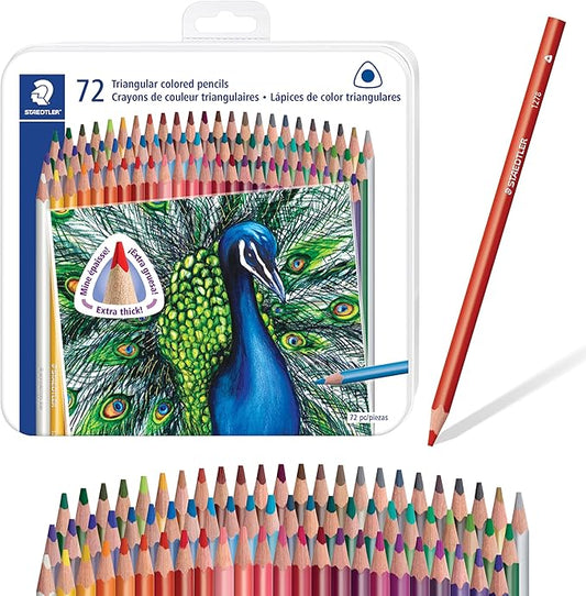 STAEDTLER Colored Pencils Set (72-Pack) - Ergonomic Triangular Barrel, Smooth 4mm Lines, Wood - 72 Vibrant Colors in Tin, for Artists & Students