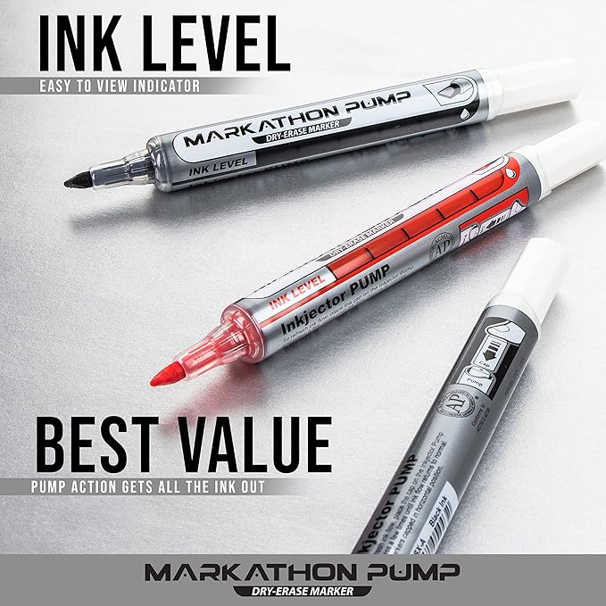 Pentel Markathon Pump Dry Erase Marker, Chisel Tip, Assorted Colors, 4 Pack (MWL6SXBP4M)