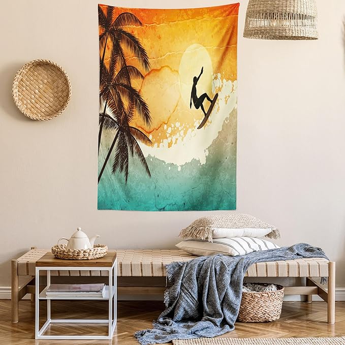 Ambesonne Grunge Tapestry Queen Size, Illustration of Tropical Island Surfer on Sea Waves and Palms at Sunset, Wall Hanging Bedspread Bed Cover Wall Decor, 88" X 88", Orange Turquoise Black