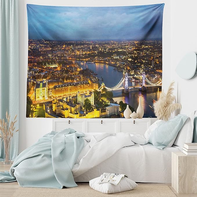 Ambesonne Modern Tapestry, Sunset at London England Cityscape Night Time and Tower Bridge Landmark Urban, Fabric Wall Hanging Decor for Bedroom Living Room Dorm, 30" X 45", Yellow Bluegrey