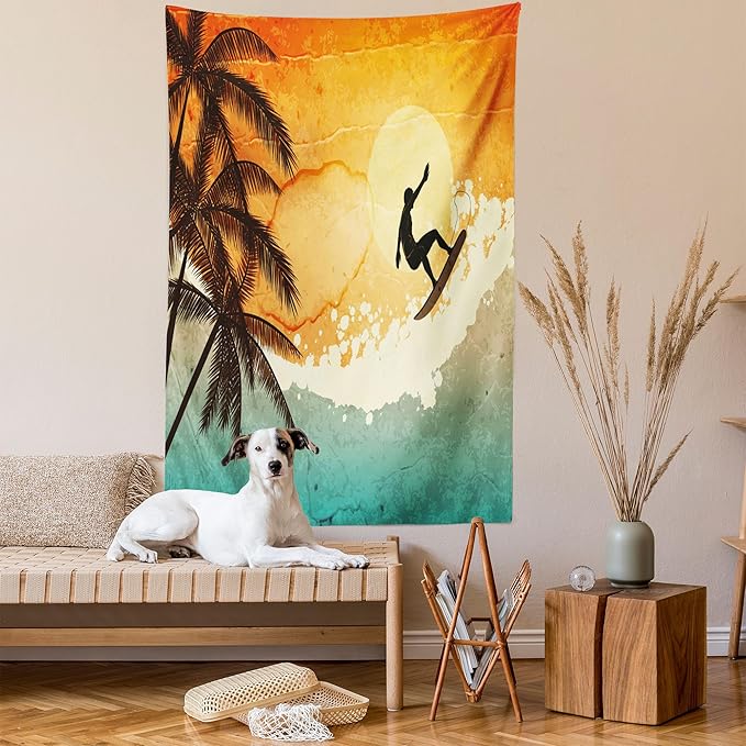 Ambesonne Grunge Tapestry Queen Size, Illustration of Tropical Island Surfer on Sea Waves and Palms at Sunset, Wall Hanging Bedspread Bed Cover Wall Decor, 88" X 88", Orange Turquoise Black