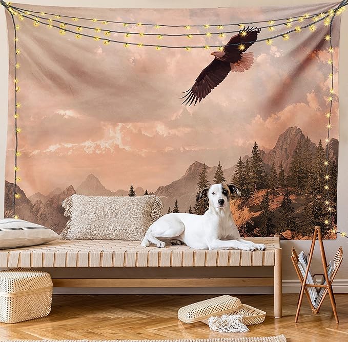 Ambesonne Eagle Tapestry King Size, Nature Photography of Rocky Mountains and Forest a Bird Flying over It, Wall Hanging Bedspread Bed Cover Wall Decor, 104" X 88", Rose Green