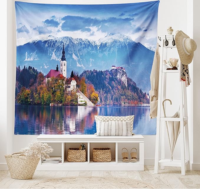 Ambesonne Landscape Tapestry King Size, Photo of Bled in Slovenia with Lake Snowy Mountains and a Castle Pastoral Scenery, Wall Hanging Bedspread Bed Cover Wall Decor, 104" X 88", Blue Lavender